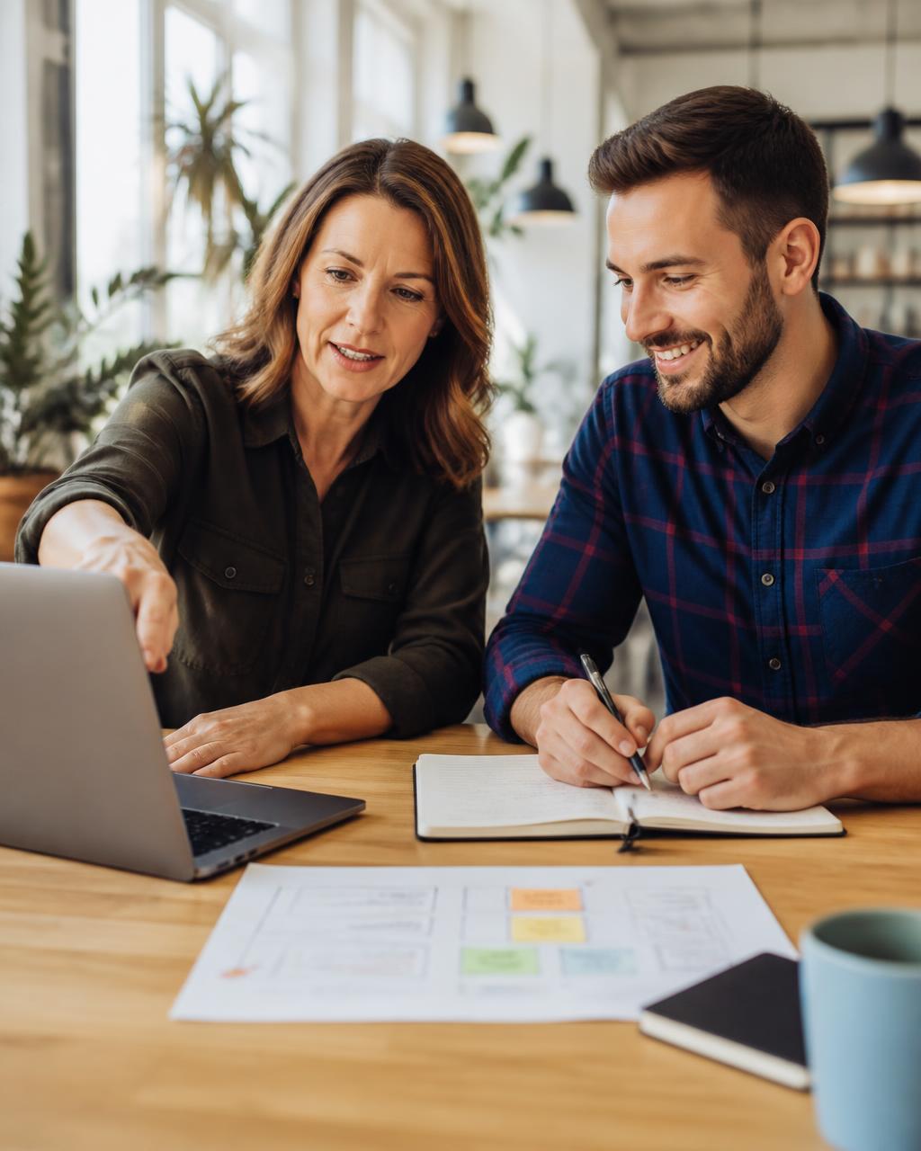 Une mentore accompagne un jeune entrepreneur dans la structuration de son projet