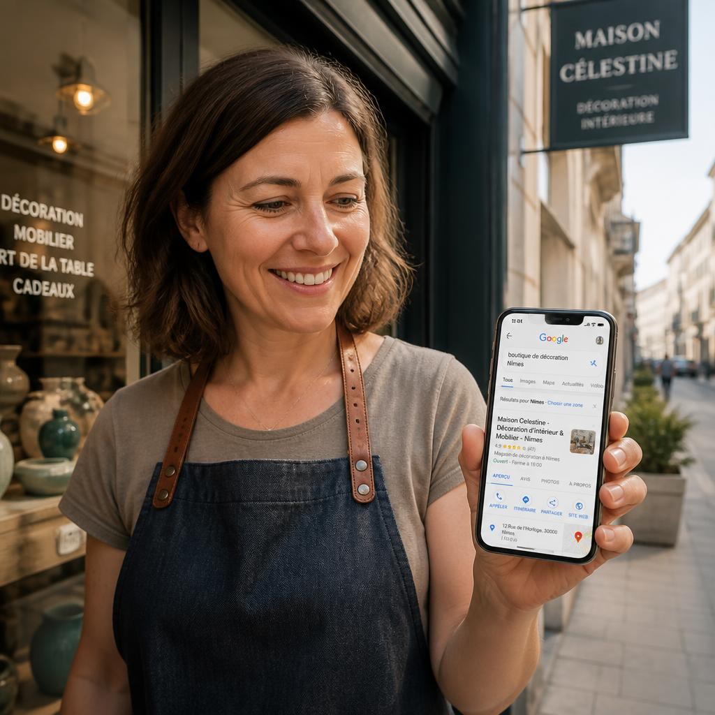 Commerçante souriante montrant son téléphone où sa boutique apparaît en premier sur Google